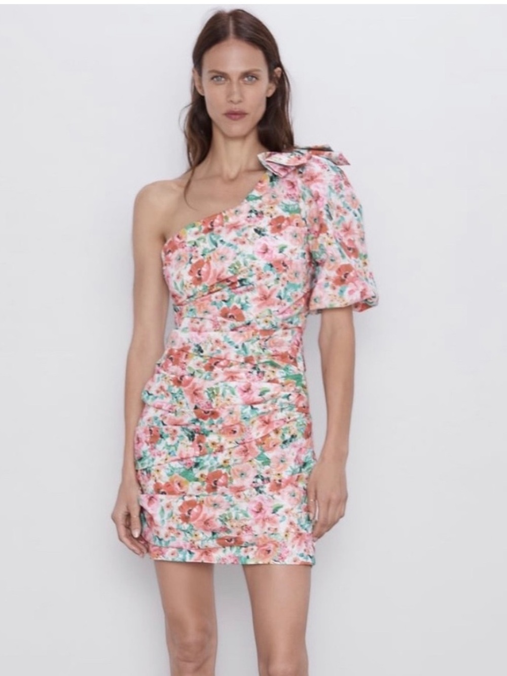 Zara Floral One-Shoulder Ruched Mini Dress in Multi-Color
